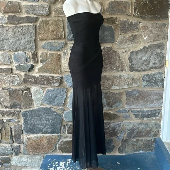 JS Collections Black Strapless Bodycon Gown Bandage Maxi Dress Sheer Size 4 $298 - Picture 3 of 9